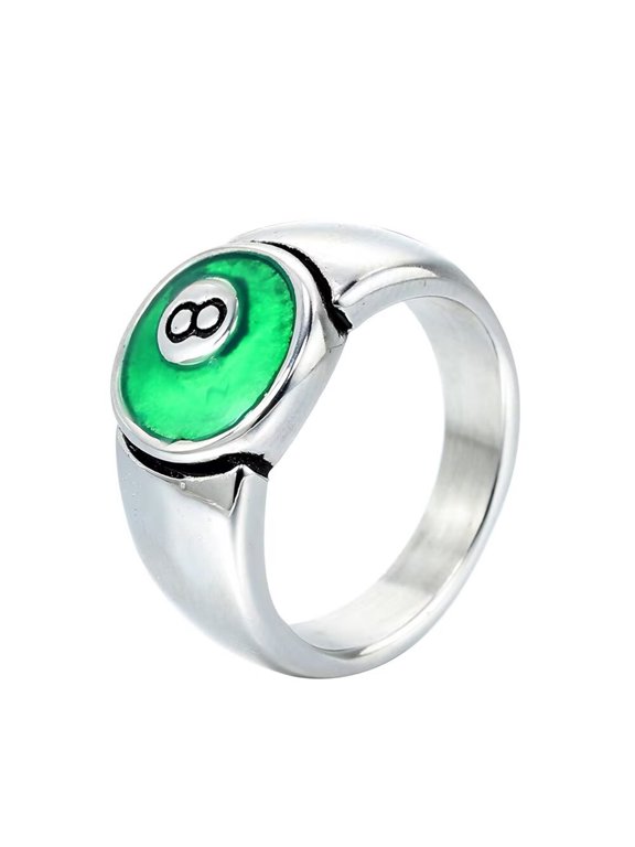 Men's Stainless Steel Retro Personalized Billiard Ball Number 8 Signet Punk Biker Ring Silver Green Size 7