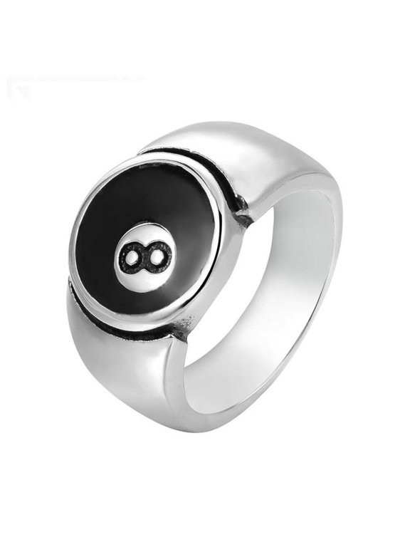 Men's Stainless Steel Retro Personalized Billiard Ball Number 8 Signet Punk Biker Ring Silver Size 8