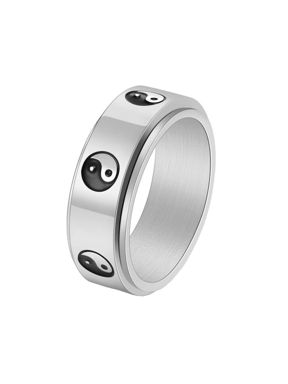 Men's Stainless Steel Rotatable Anxiety Retro Yin Yang Tai Chi Amulet Ring Silver Size 11