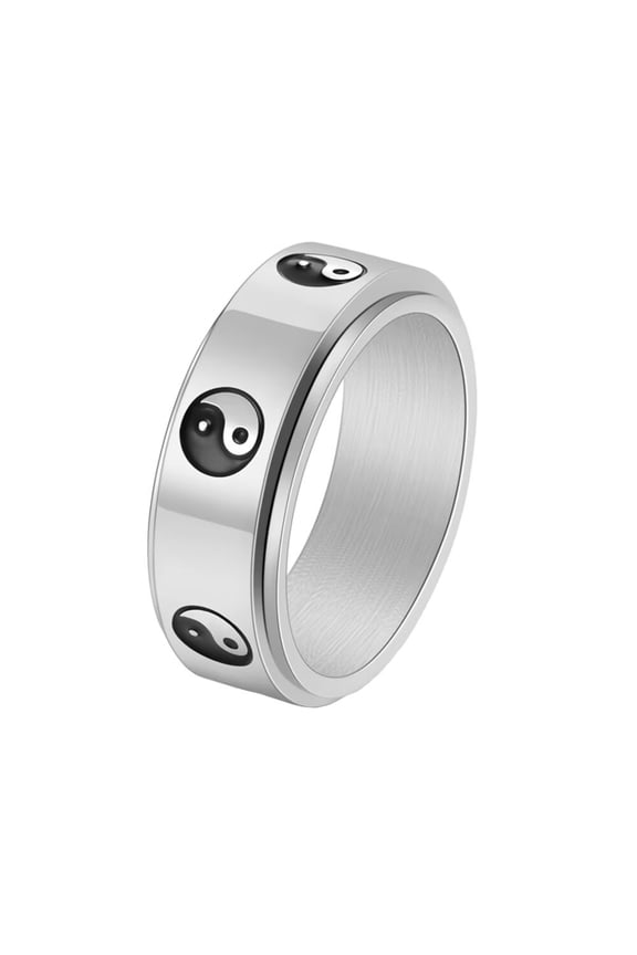 Men's Stainless Steel Rotatable Anxiety Retro Yin Yang Tai Chi Amulet Ring Silver Size 7