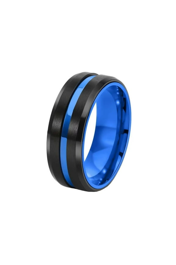 Men's Stainless Steel Rotatable Matte Brushed 8mm Wedding Band Ring Blue Centre Groove Polished Edge Black Size 11