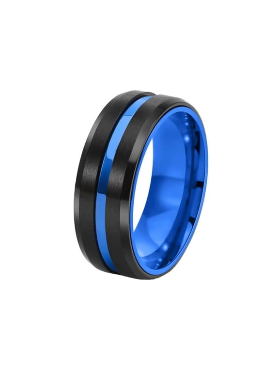 Men's Stainless Steel Rotatable Matte Brushed 8mm Wedding Band Ring Blue Centre Groove Polished Edge Black Size 6