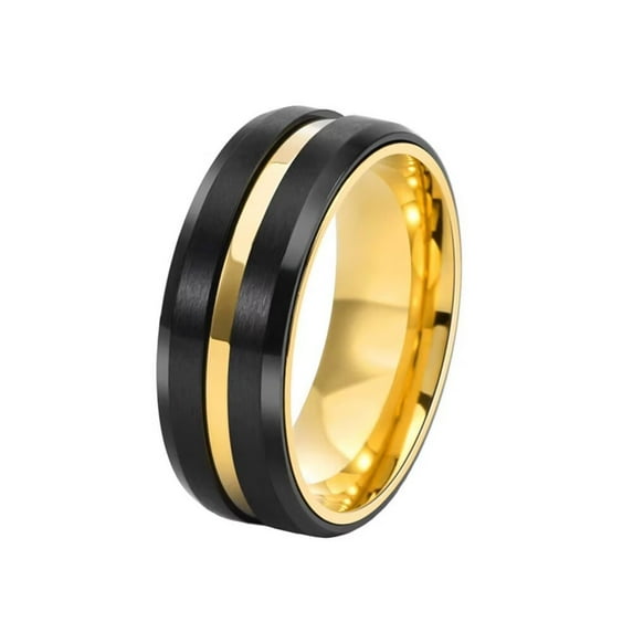 PAURO Men's Stainless Steel Rotatable Matte Brushed 8mm Wedding Band Ring Gold Centre Groove Polished Edge Black Size 12