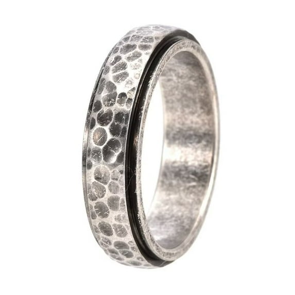 PAURO Men's Stainless Steel Simple Hand Hammered Grain Rotatable Honeycomb Pattern Ring Antique Silver Size 11