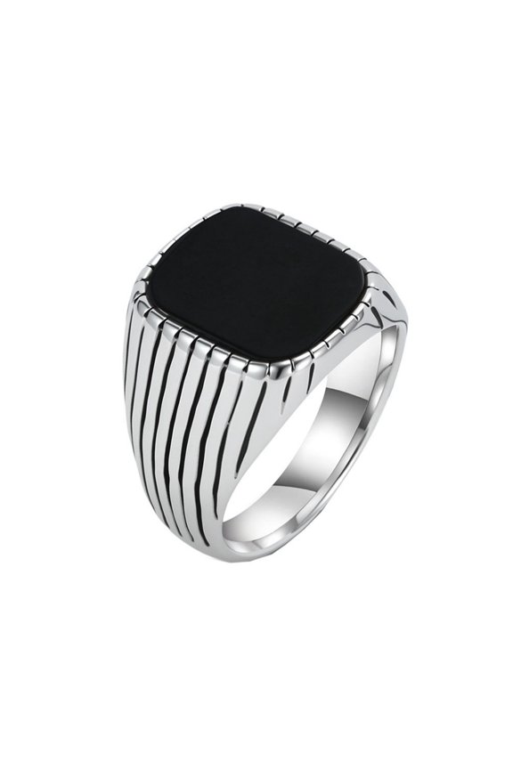 Men’s Stainless Steel Square Gemstone Signet Ring Vintage with Black Stone Statement Ring Geometric Stripes Accent Comfort Fit Size 9