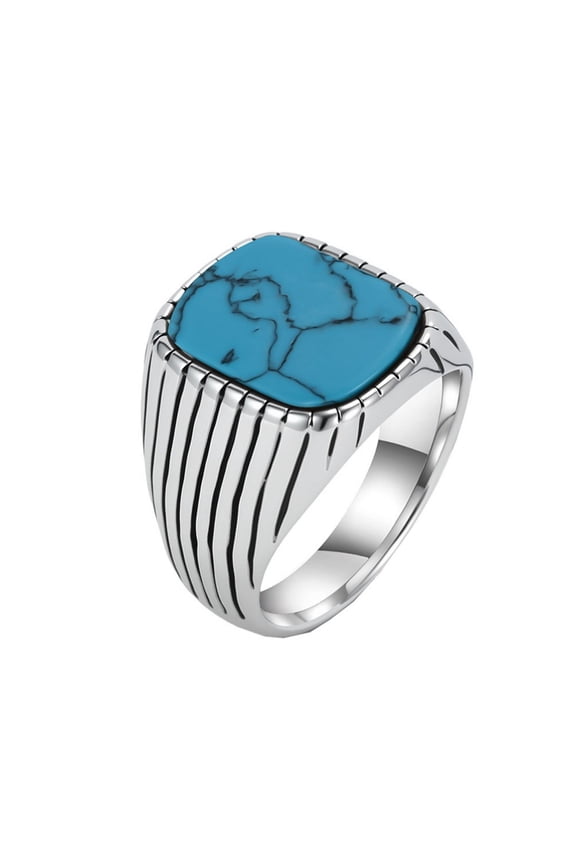 Men’s Stainless Steel Square Gemstone Signet Ring Vintage with Blue Stone Statement Ring Geometric Stripes Accent Comfort Fit Size 10
