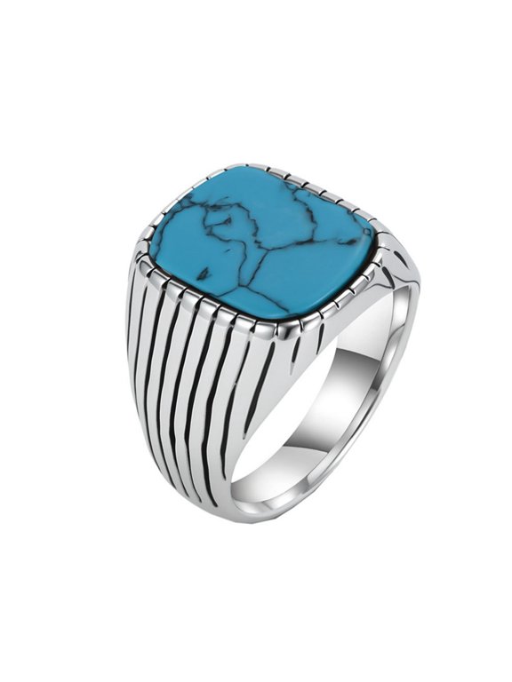 Men’s Stainless Steel Square Gemstone Signet Ring Vintage with Blue Stone Statement Ring Geometric Stripes Accent Comfort Fit Size 11