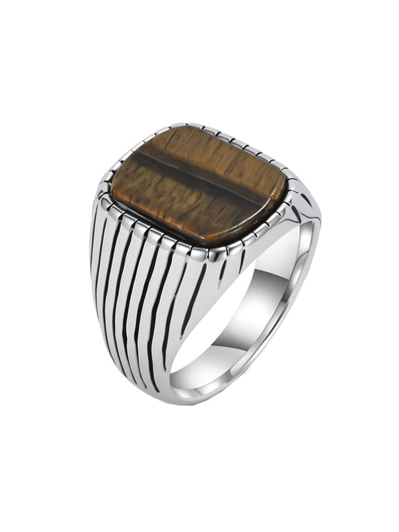 Men’s Stainless Steel Square Gemstone Signet Ring Vintage with Brown Stone Statement Ring Geometric Stripes Accent Comfort Fit Size 12