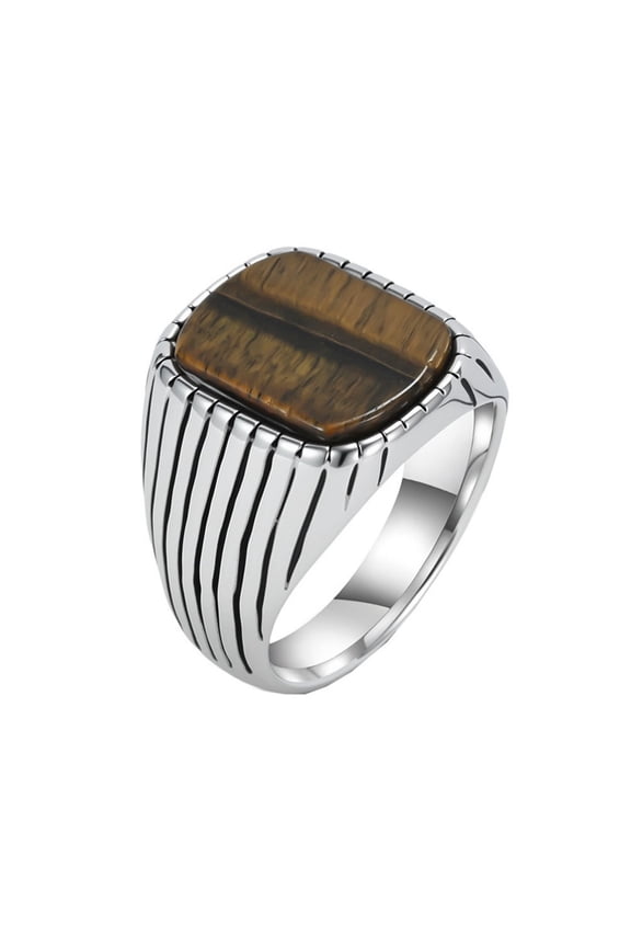 Men’s Stainless Steel Square Gemstone Signet Ring Vintage with Brown Stone Statement Ring Geometric Stripes Accent Comfort Fit Size 9