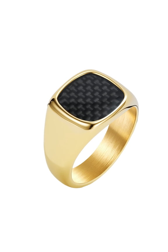 Men's Stainless Steel Square Signet Ring Carbon Fiber Inlay Statement Ring Band Comfort Fit Thumb Ring Gold Size 8