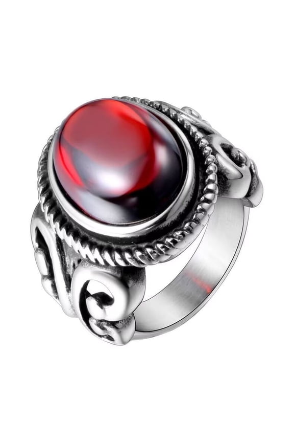 Men's Stainless Steel Vintage Engraved Agate Signet Gemstone Biker Rings Personality Rock Jewelry Red Size 8