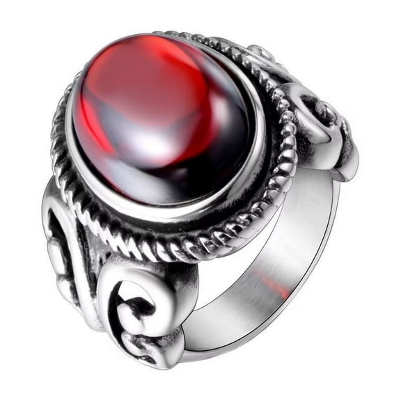 PAURO Men's Stainless Steel Vintage Engraved Agate Signet Gemstone Biker Rings Personality Rock Jewelry Red Size 9