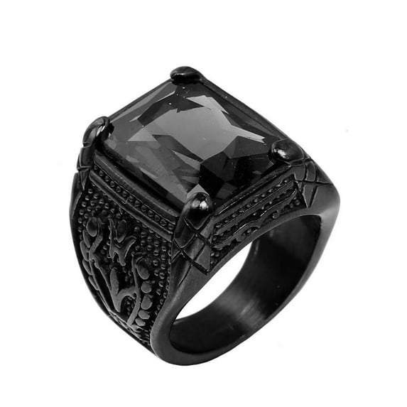 PAURO Men's Stainless Steel Vintage Gemstone Ring Engraved Flower Design Black Plated, Black Stone Size 11