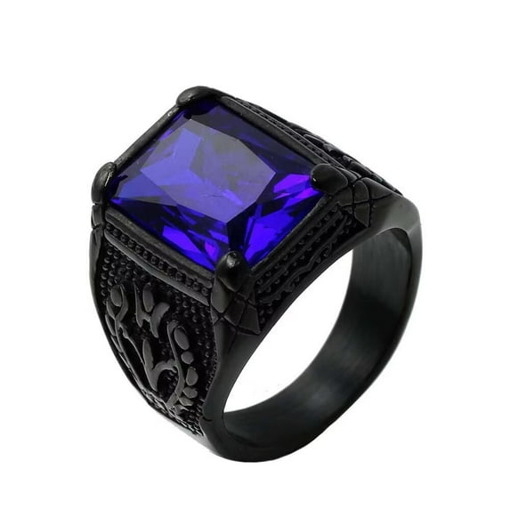 PAURO Men's Stainless Steel Vintage Gemstone Ring Engraved Flower Design Black Plated, Dark Blue Stone Size 7
