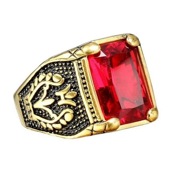 PAURO Men's Stainless Steel Vintage Gemstone Ring Engraved Flower Design Gold Plated, Red Stone Size 9