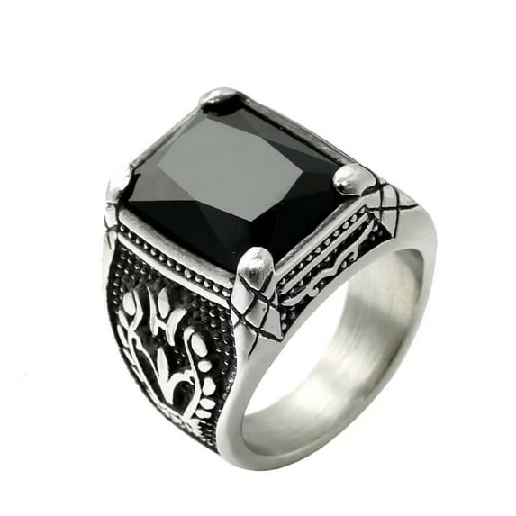 PAURO Men's Stainless Steel Vintage Gemstone Ring Engraved Flower Design Silver Plated, Black Stone Size 12