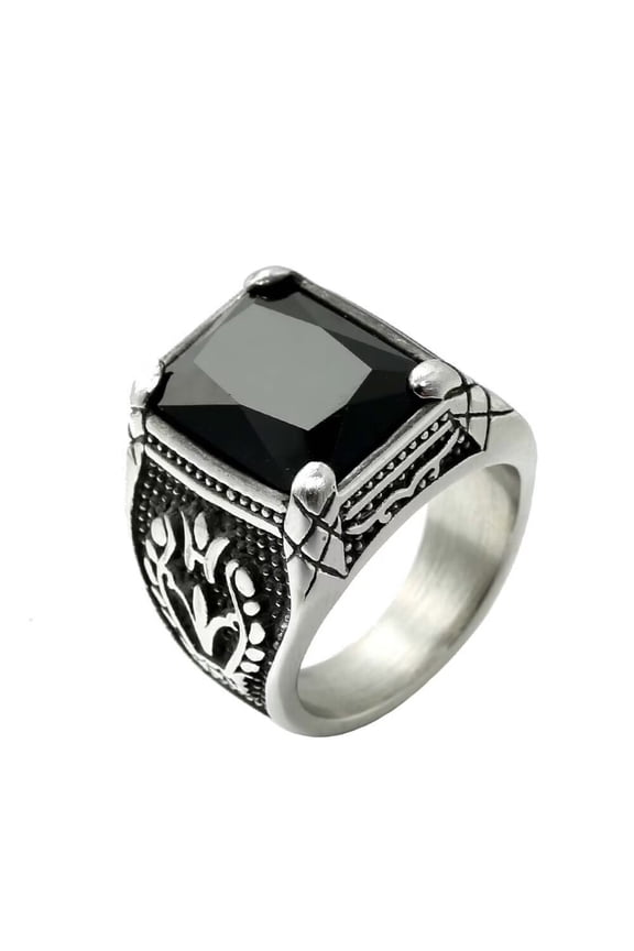 Men's Stainless Steel Vintage Gemstone Ring Engraved Flower Design Silver Plated, Black Stone Size 13