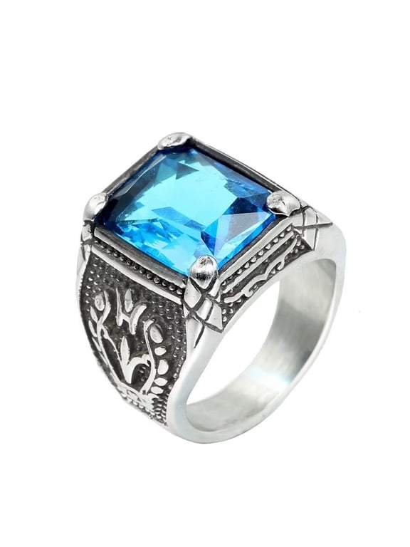 Men's Stainless Steel Vintage Gemstone Ring Engraved Flower Design Silver Plated, Blue Stone Size 8