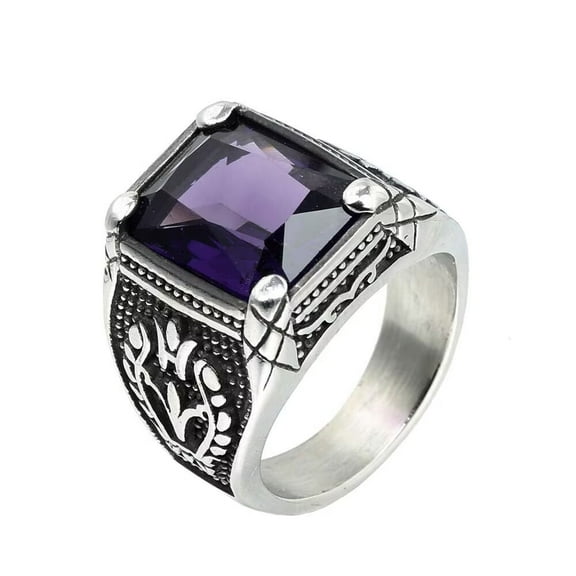 PAURO Men's Stainless Steel Vintage Gemstone Ring Engraved Flower Design Silver Plated, Purple Stone Size 9