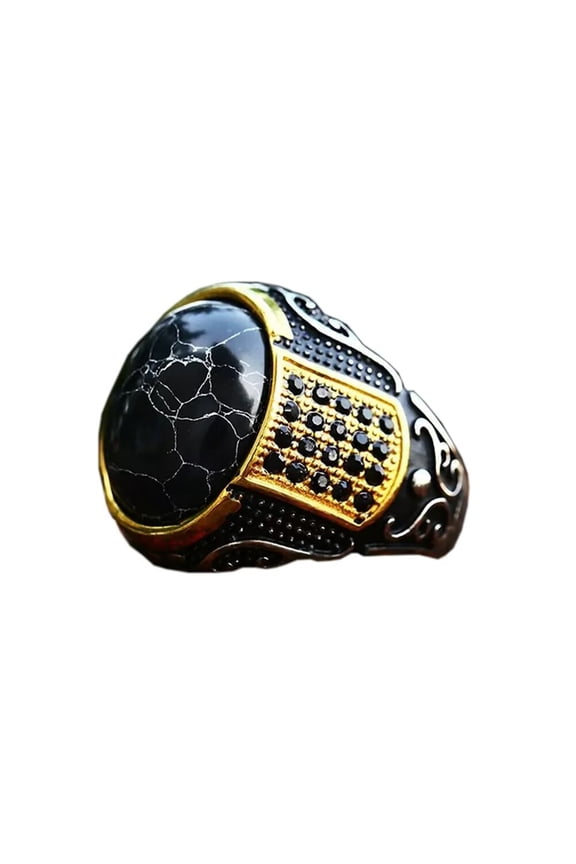 Men's Stainless Steel Vintage Gothic Agate Signet Ring Black Synthetic Turquoise Biker Rings Size 12