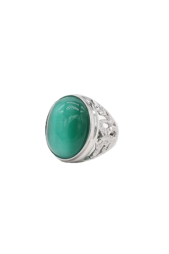 Men's Stainless Steel Vintage Gothic Oval Gemstone Ring Engraved Dragon Style Silver Dark Green Size 9