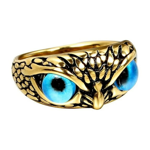 PAURO Men's Stainless Steel Vintage Gothic Owl Ring Statement Hip Hop Jewelry Gold Blue Size 11