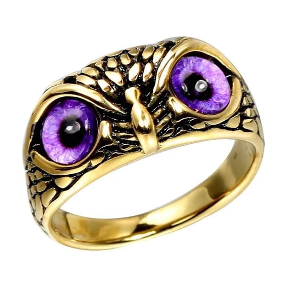 PAURO Men's Stainless Steel Vintage Gothic Owl Ring Statement Hip Hop Jewelry Gold Purple Size 11