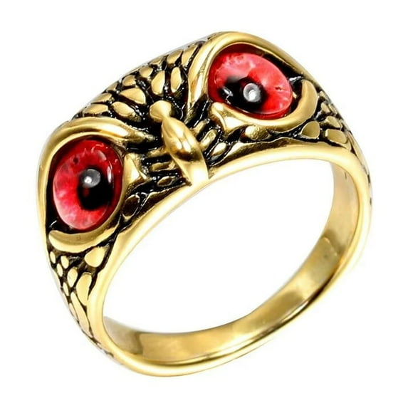 PAURO Men's Stainless Steel Vintage Gothic Owl Ring Statement Hip Hop Jewelry Gold Red Size 12