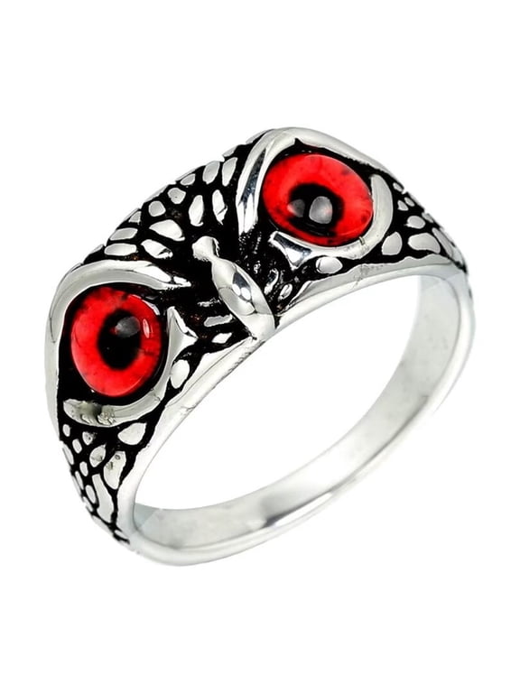 Men's Stainless Steel Vintage Gothic Owl Ring Statement Hip Hop Jewelry Silver Red Size 9