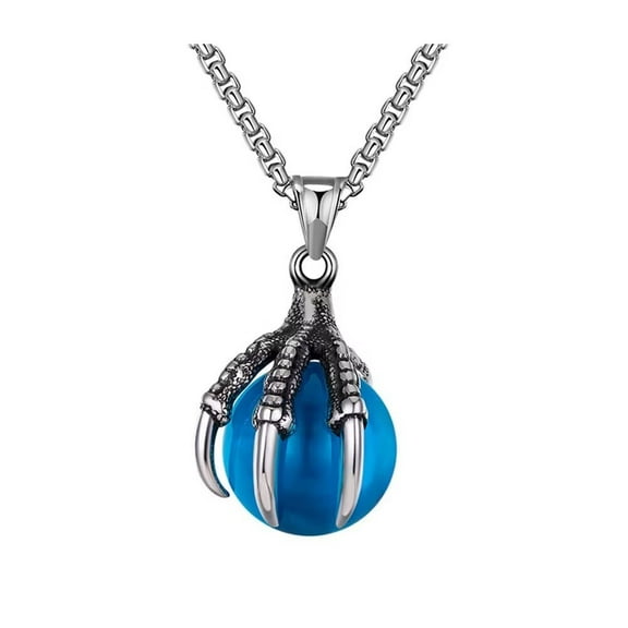PAURO Men's Stainless Steel Vintage Gothic Tribal Dragon Claw Crystal Ball Pendant Hip Hop Necklace Blue