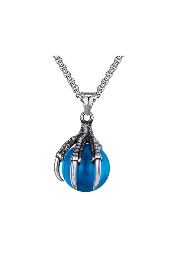 Men's Stainless Steel Vintage Gothic Tribal Dragon Claw Crystal Ball Pendant Hip Hop Necklace Blue
