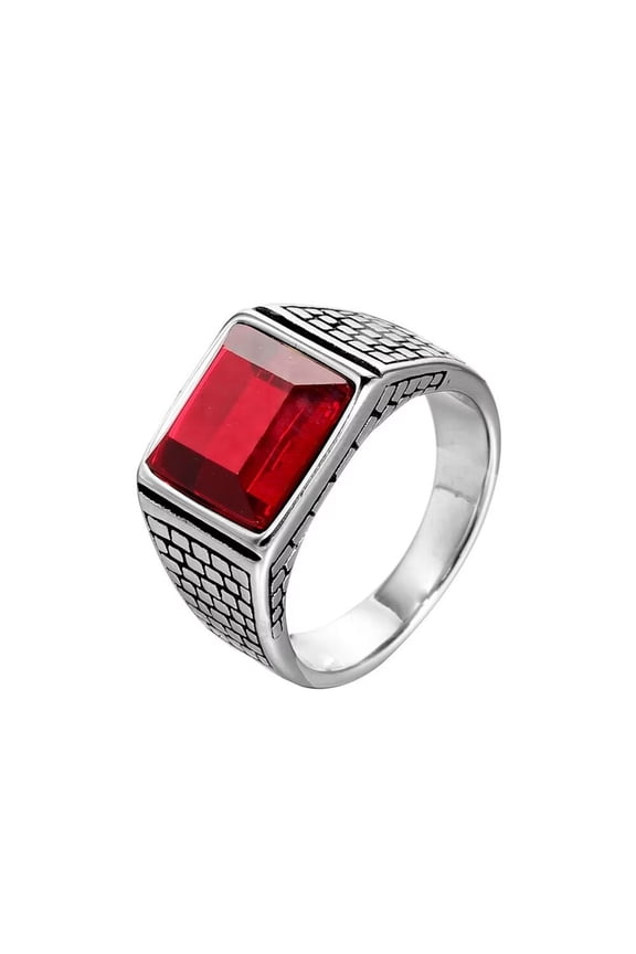 Men's Stainless Steel Vintage Pattern Square Gemstone CZ Ring Wedding Band Silver Red Size 12