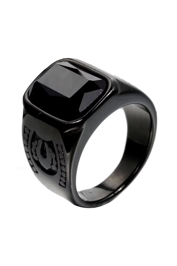 Men's Stainless Steel Vintage Pattern Square Gemstone Ring Polished Black Side Black Stone Size 10