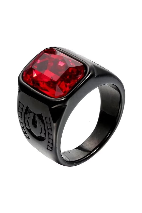 Men's Stainless Steel Vintage Pattern Square Gemstone Ring Polished Black Side Red Stone Size 11