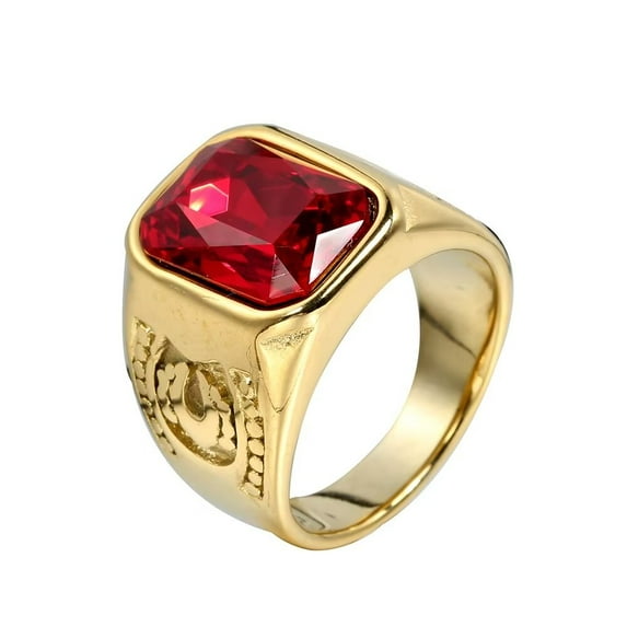 PAURO Men's Stainless Steel Vintage Pattern Square Gemstone Ring Polished Gold Side Red Stone Size 10