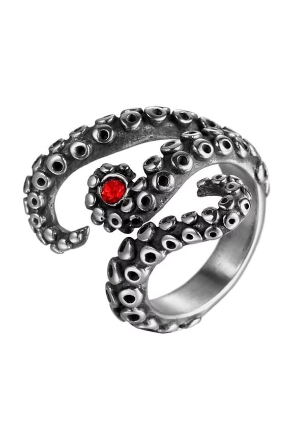 Men's Stainless Steel Vintage Punk Octopus Tentacles Inlay Red Zirconia Biker Ring Silver Black Size 7