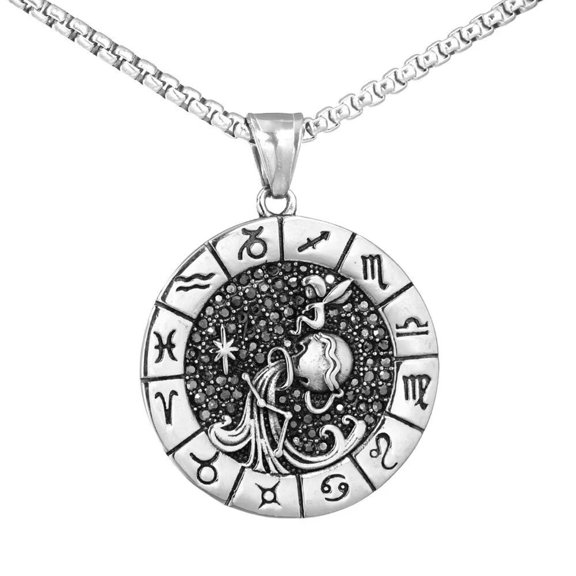 PAURO Men's Stainless Steel Vintage Round Coin 12 Constellation Astrology Engraved Zodiac Sign Horoscope Necklace Aquarius