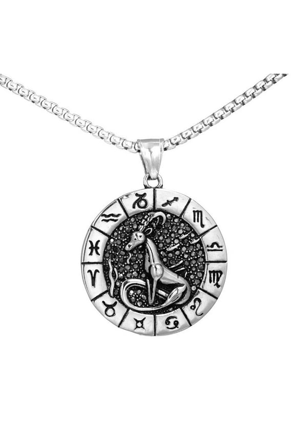 Men's Stainless Steel Vintage Round Coin 12 Constellation Astrology Engraved Zodiac Sign Horoscope Necklace Capricorn