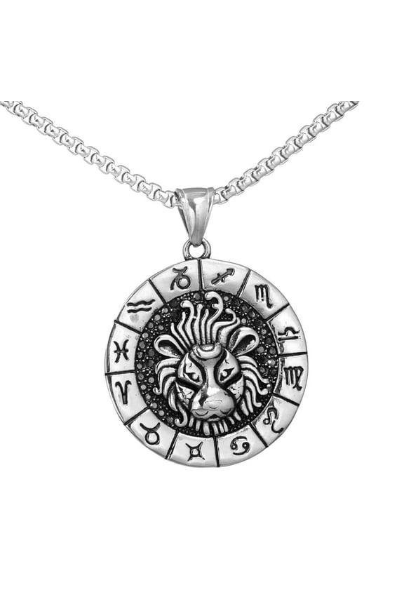 Men's Stainless Steel Vintage Round Coin 12 Constellation Astrology Engraved Zodiac Sign Horoscope Necklace Leo