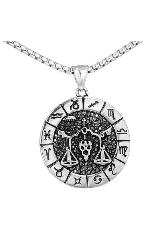 Men's Stainless Steel Vintage Round Coin 12 Constellation Astrology Engraved Zodiac Sign Horoscope Necklace Libra
