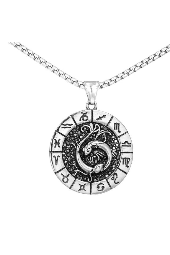Men's Stainless Steel Vintage Round Coin 12 Constellation Astrology Engraved Zodiac Sign Horoscope Necklace Pisces