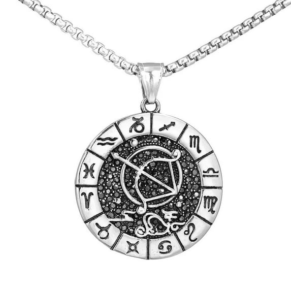 PAURO Men's Stainless Steel Vintage Round Coin 12 Constellation Astrology Engraved Zodiac Sign Horoscope Necklace Sagittarius