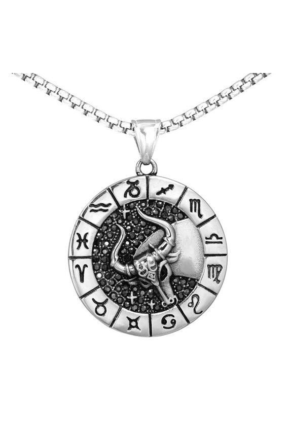 Men's Stainless Steel Vintage Round Coin 12 Constellation Astrology Engraved Zodiac Sign Horoscope Necklace Taurus