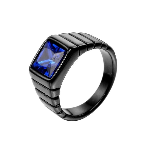 PAURO Men's Stainless Steel Vintage Simple Square Dark Blue Stone Ring with Black Plated Side, for Wedding Statement Size 11