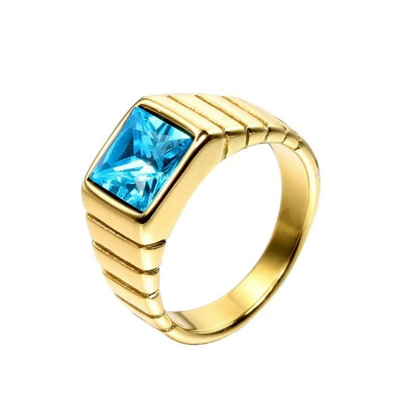 PAURO Men's Stainless Steel Vintage Simple Square Light Blue Stone Ring with Gold Plated Side, for Wedding Statement Size 13
