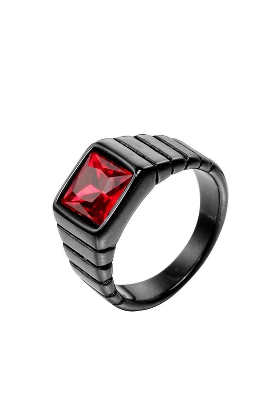Men's Stainless Steel Vintage Simple Square Red Stone Ring with Black Plated Side, for Wedding Statement Size 8