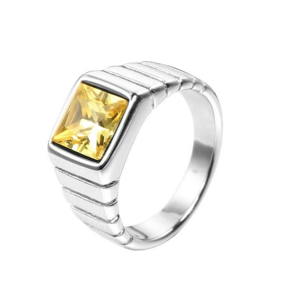 PAURO Men's Stainless Steel Vintage Simple Square Yellow Stone Ring with Silver Plated Side, for Wedding Statement Size 8