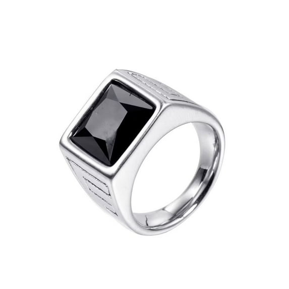 PAURO Men's Stainless Steel Vintage Square Agate Gemstone Ring High Polished Silver Side,Black Size 8