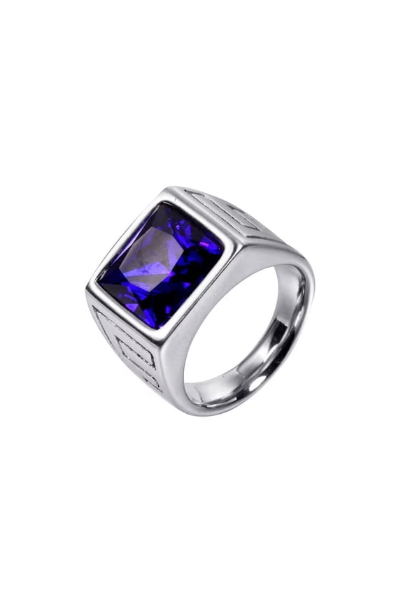 Men's Stainless Steel Vintage Square Agate Gemstone Ring High Polished Silver Side,Blue Size 12