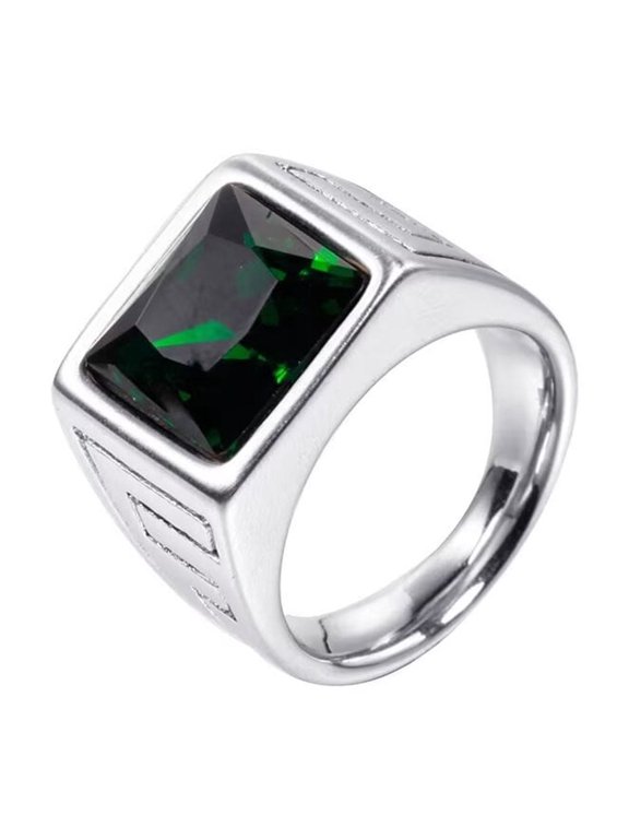 Men's Stainless Steel Vintage Square Agate Gemstone Ring High Polished Silver Side,Green Size 11